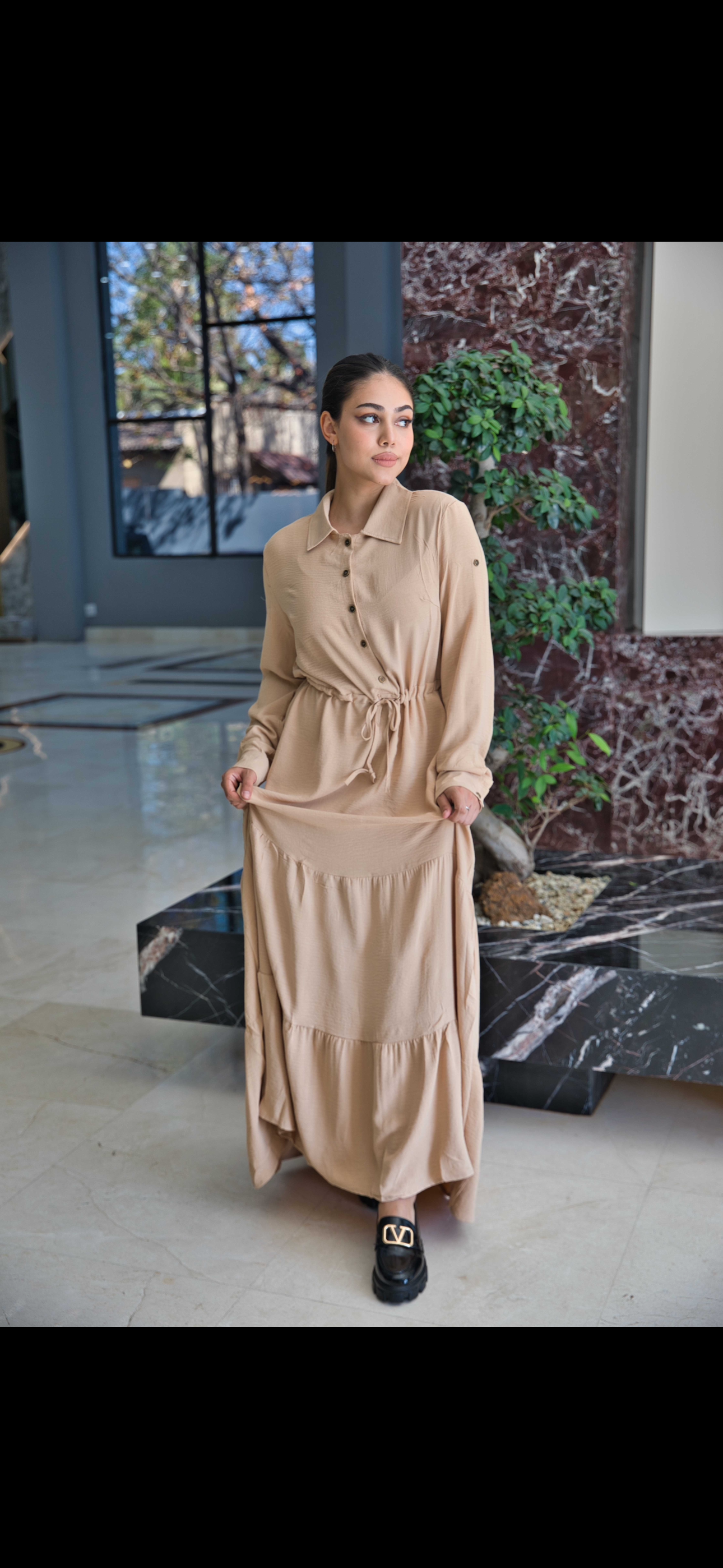 Beige flowy button down dress