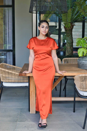 Burnt orange satin dress